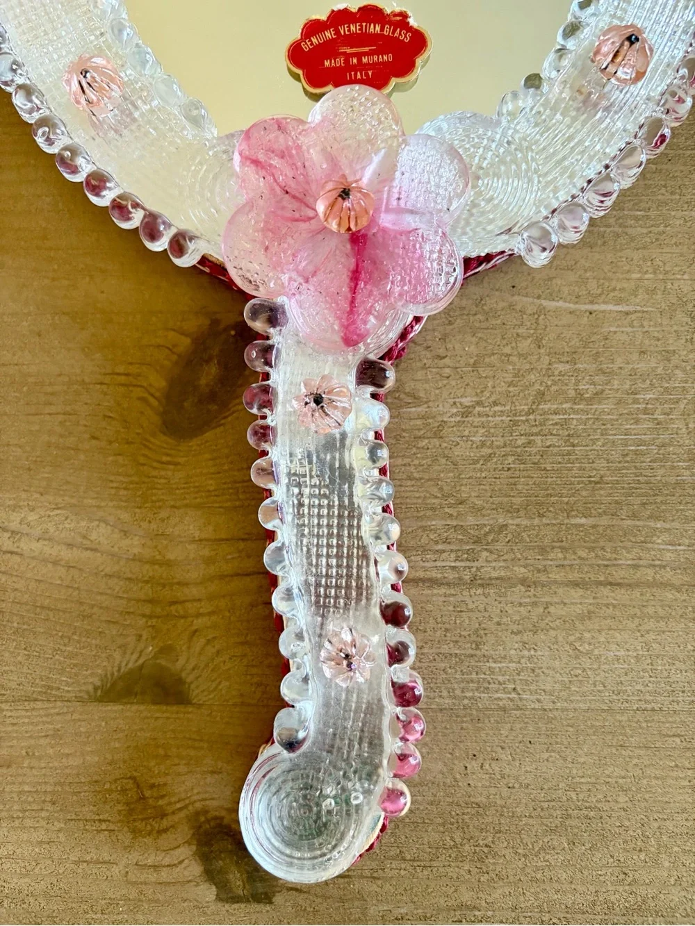 1950s Vintage Italian Venetian Hand-Blown Pink Floral Murano Glass Hand Mirror